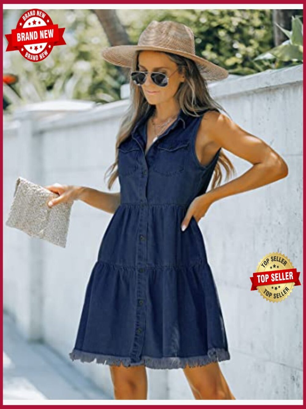 Casual Summer Lapel Sleeveless Button Down Short Denim Jean Dress - Picture 3 of 7